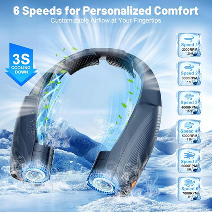 Portable Neck Fan with 6 Powerful Speeds, 8000mAh Battery Operated