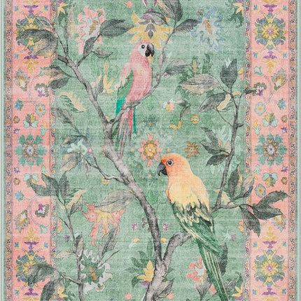 Botanical Birds 5x7 Washable Living Room Rug, Boho Green Bedroom