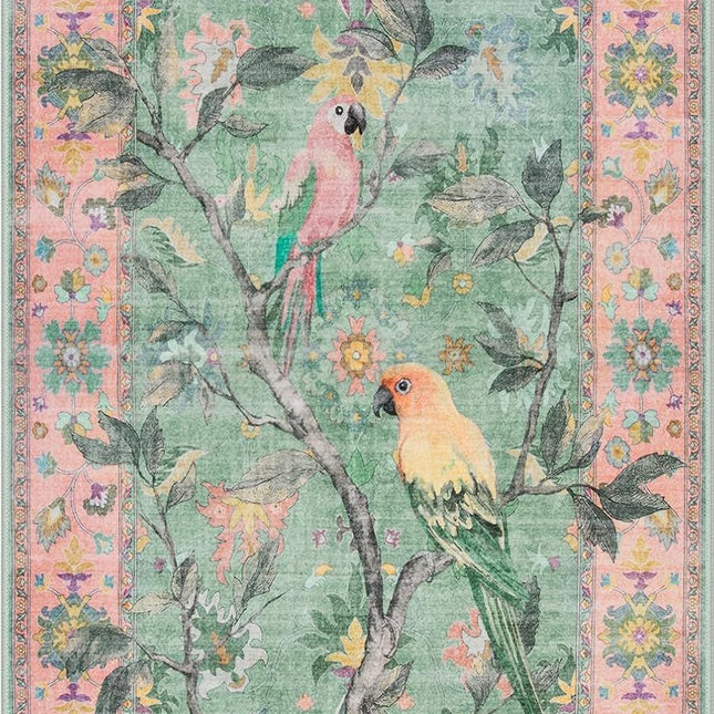 Botanical Birds 5x7 Washable Living Room Rug, Boho Green Bedroom