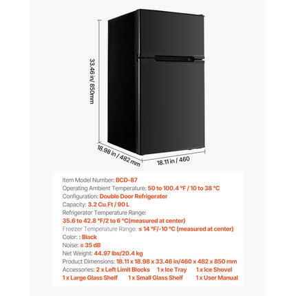 Mini Fridge with Freezer, 3.2 Cu.Ft, Two Door Compact Refrigerator,