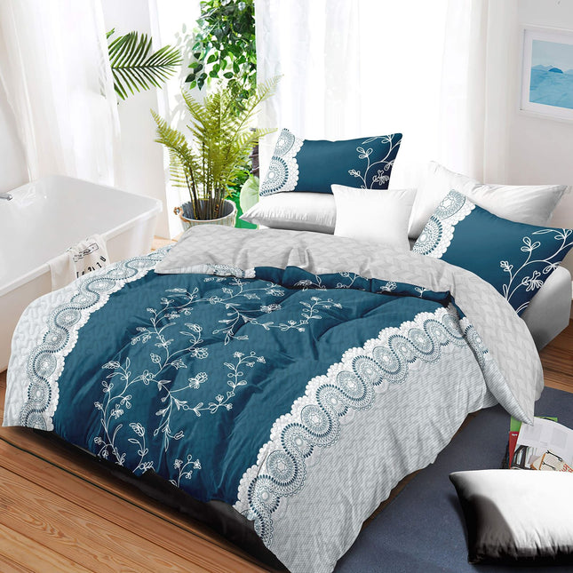 3-Piece Teal Lace Floral Bedding Set (Queen/King/Cal King) - Quilted