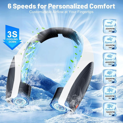 Portable Neck Fan with 6 Powerful Speeds, 8000mAh Battery Operated