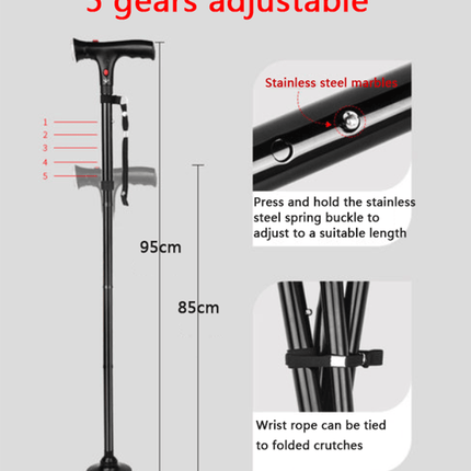 Collapsible Adjustable Height Cane With LED Light Alert Button Walking