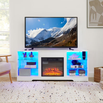 TV Stand Electric Fireplace TV Stand with Glass Shelves, 3D Fireplace
