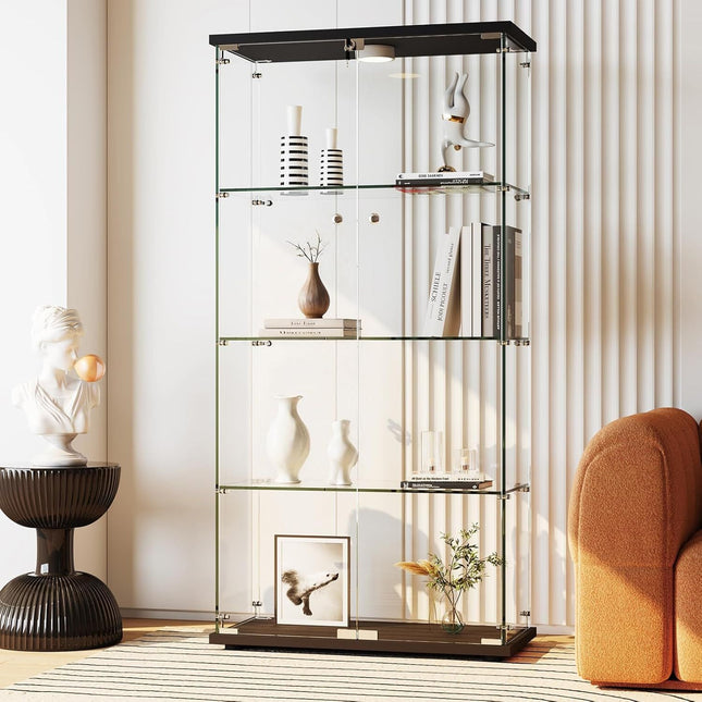 Glass Display Cabinet 4-Tier, Display Cabinet with Glass Doors, Curio