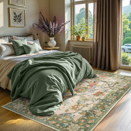 Botanical Birds 5x7 Washable Living Room Rug, Boho Green Bedroom
