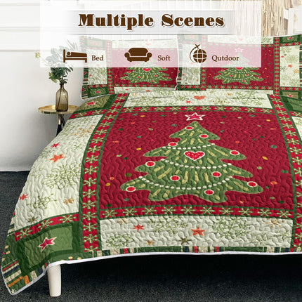 3 Piece Cute Christmas Tree Quilt Set Red Green Snowflakes Pattern