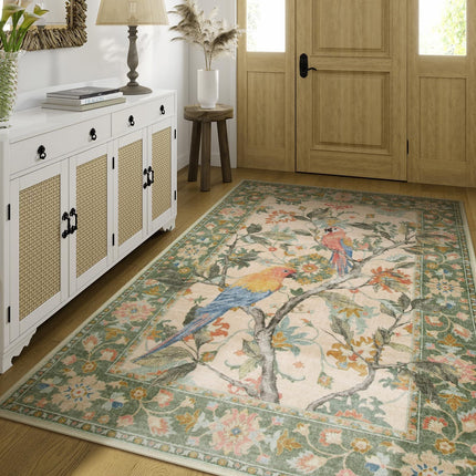Botanical Birds 5x7 Washable Living Room Rug, Boho Green Bedroom