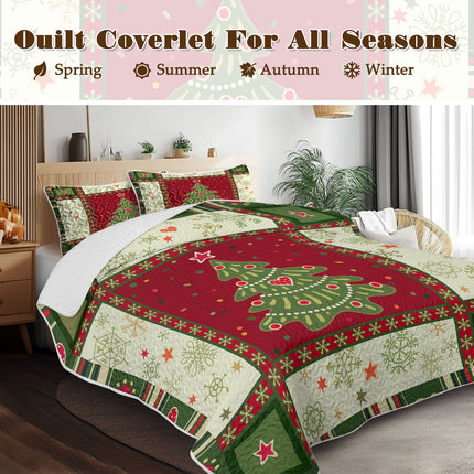 3 Piece Cute Christmas Tree Quilt Set Red Green Snowflakes Pattern