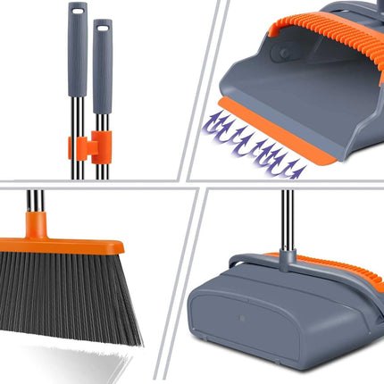 Upgrade Broom and Dustpan Set, Self-Cleaning with Dustpan Teeth,