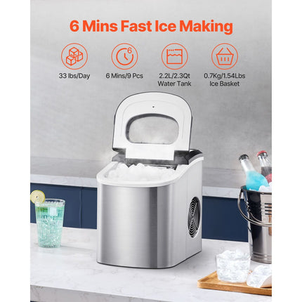 Countertop Ice Maker, 9 Cubes Ready in 6 Mins, 33lbs in 24Hrs,