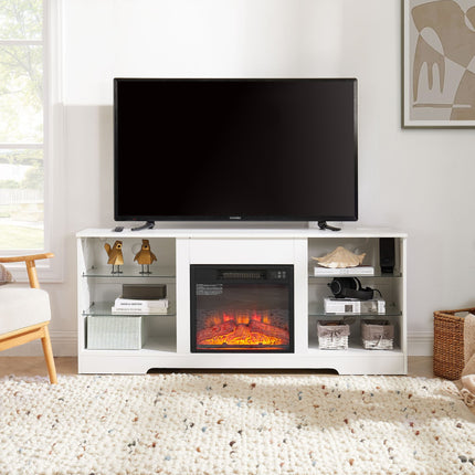 TV Stand Electric Fireplace TV Stand with Glass Shelves, 3D Fireplace