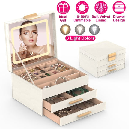 Jewelry Box with LED Mirror 3-Layer Jewelry Organizer with 2 Drawers