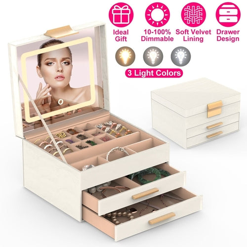 Jewelry Box with LED Mirror 3-Layer Jewelry Organizer with 2 Drawers