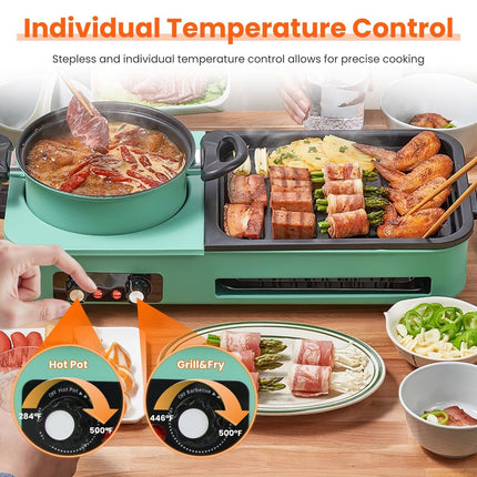 Electric Hot Pot with Grill,1600W 3-in-1 Smokeless Raclette Table
