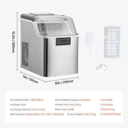 Countertop Ice Maker, 24 Cubes Ready in 15 Mins, 45lbs in 24Hrs,