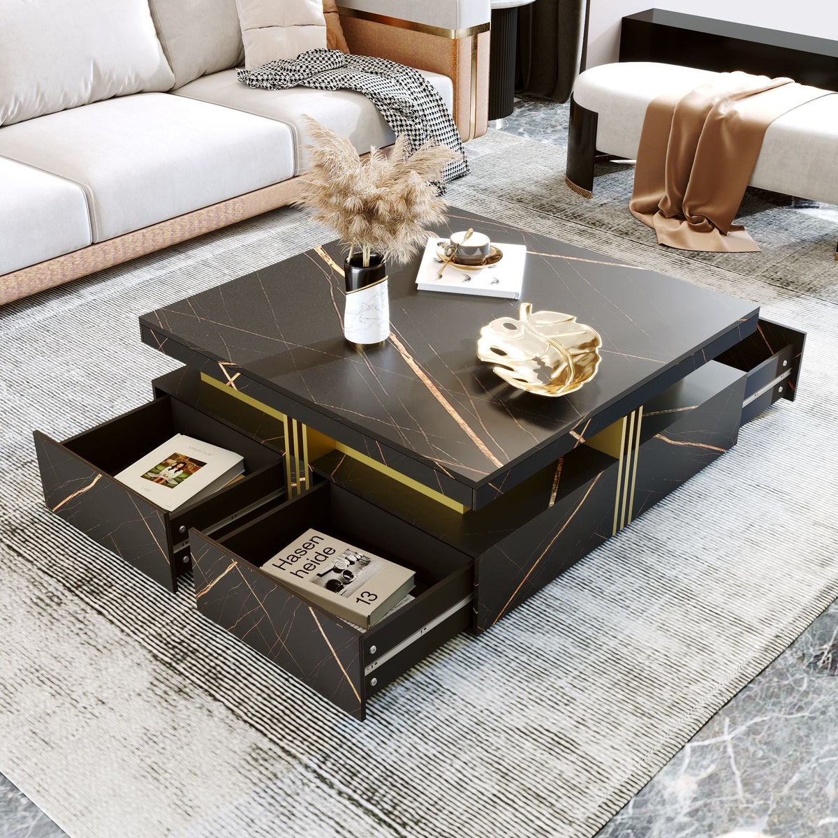 Modern Square Storage Coffee Table With 4 Drawers