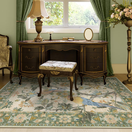 Botanical Birds 5x7 Washable Living Room Rug, Boho Green Bedroom
