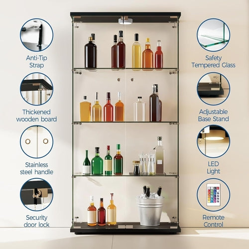 Glass Display Cabinet 4-Tier, Display Cabinet with Glass Doors, Curio