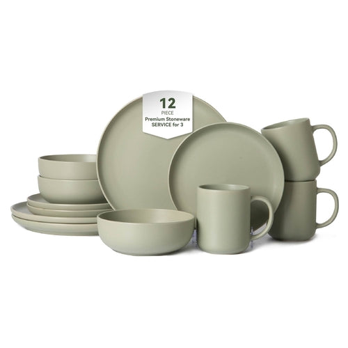 12-Piece Stoneware Dinnerware Sets with Mugs | Microwave & Dishwasher