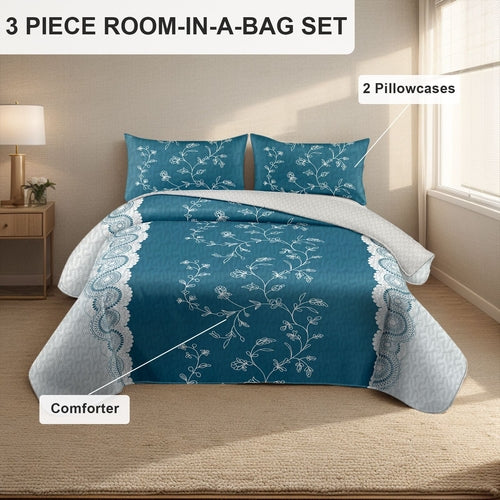 3-Piece Teal Lace Floral Bedding Set (Queen/King/Cal King) - Quilted