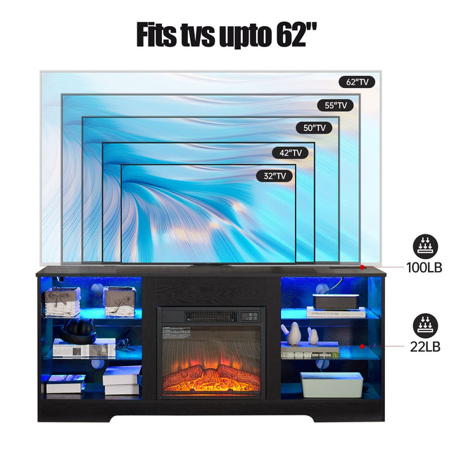 TV Stand Electric Fireplace TV Stand with Glass Shelves, 3D Fireplace
