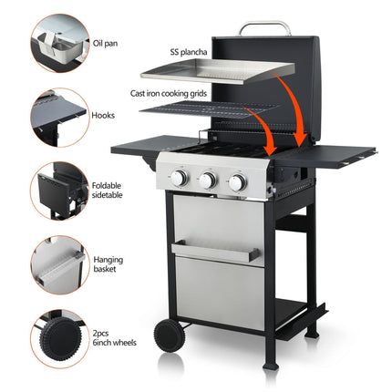 3-Burner Propane Gas BBQ Grill, SS Plancha, 36900BTU Output With Wire