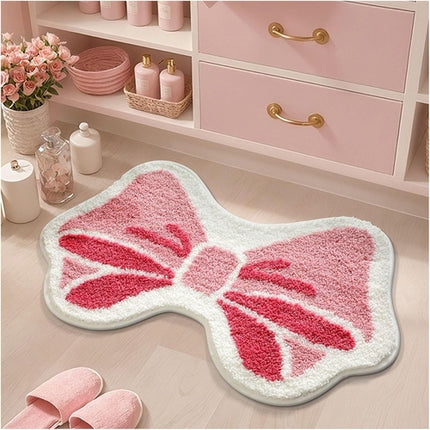 Pink Bow Bathroom Rug, 19.6" x 31.5" Irregular Rug, Fluffy Bath Mat,