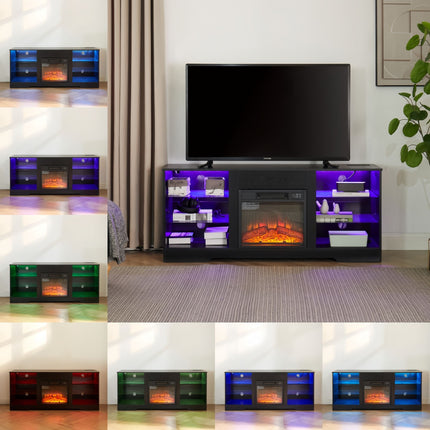 TV Stand Electric Fireplace TV Stand with Glass Shelves, 3D Fireplace