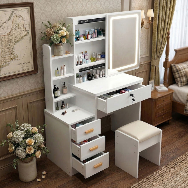 Makeup Vanity Desk with LED Lighted Mirror and Makeup Stool & 4