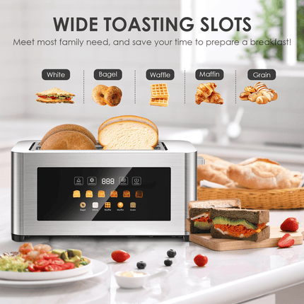 4-piece ultra-wide long-slot toaster with silver dual-control bread