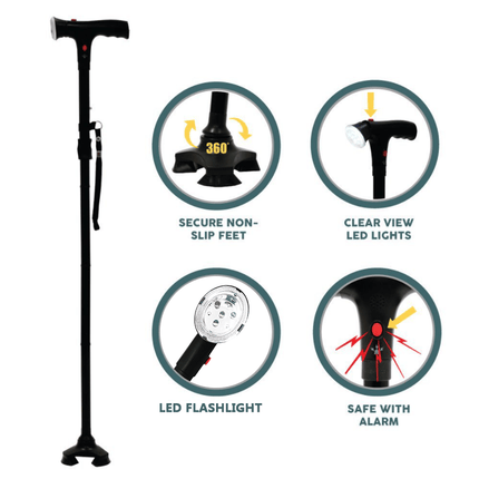 Collapsible Adjustable Height Cane With LED Light Alert Button Walking