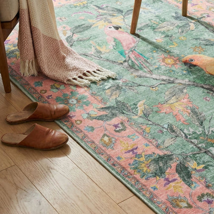 Botanical Birds 5x7 Washable Living Room Rug, Boho Green Bedroom
