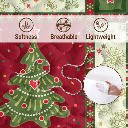 3 Piece Cute Christmas Tree Quilt Set Red Green Snowflakes Pattern