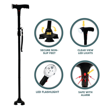 Collapsible Adjustable Height Cane With LED Light Alert Button Walking