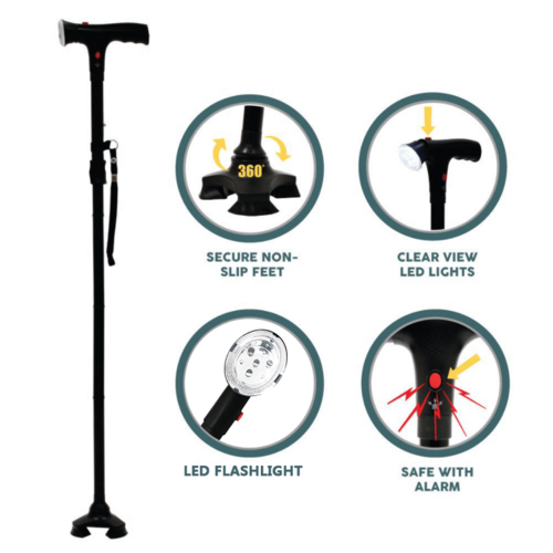 Collapsible Adjustable Height Cane With LED Light Alert Button Walking