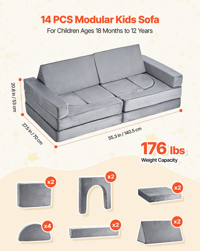 Modular Kids Play Couch, Sectional Toddler Sofa with Armrests, 28D