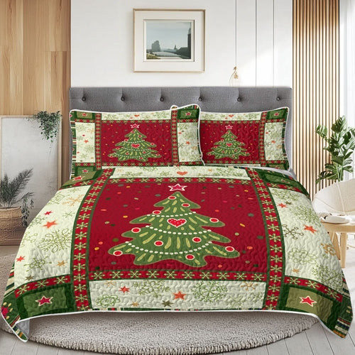3 Piece Cute Christmas Tree Quilt Set Red Green Snowflakes Pattern