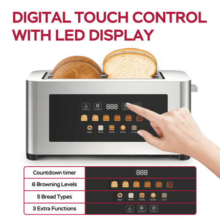 4-piece ultra-wide long-slot toaster with silver dual-control bread