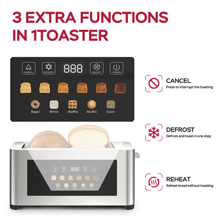 4-piece ultra-wide long-slot toaster with silver dual-control bread
