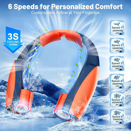 Portable Neck Fan with 6 Powerful Speeds, 8000mAh Battery Operated