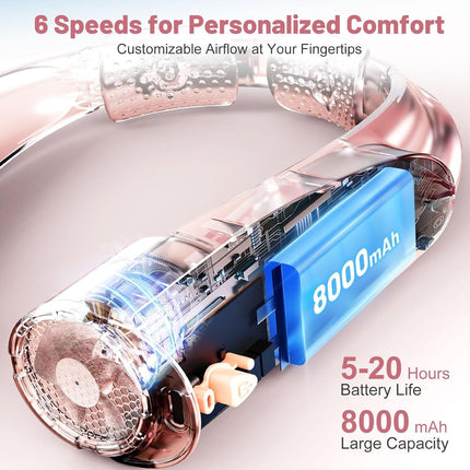 Portable Neck Fan with 6 Powerful Speeds, 8000mAh Battery Operated