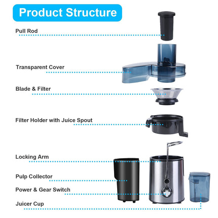 1000W Centrifugal Juicer Juice Extractor with 2 Speeds 3.6in Wide Feed