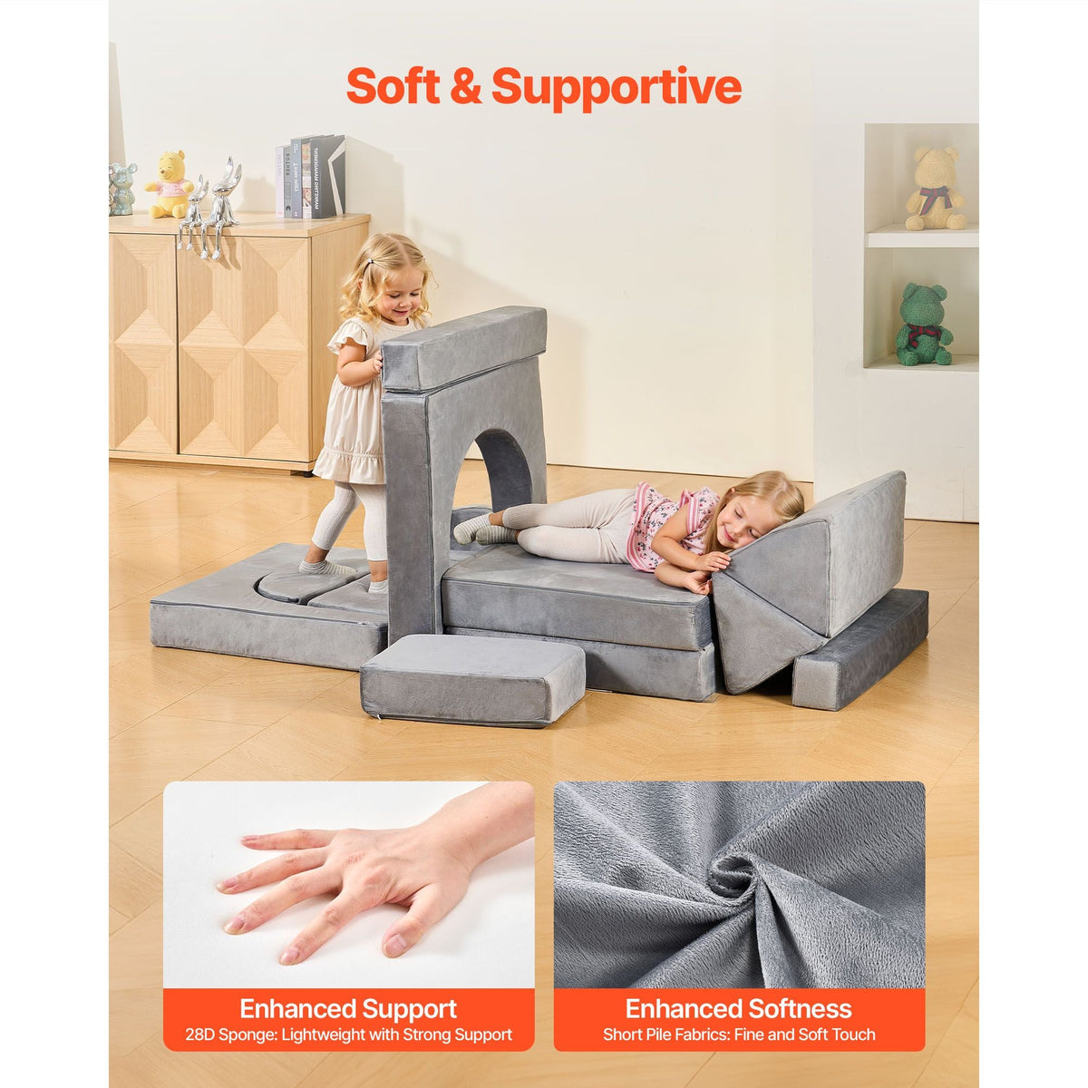 Modular Kids Play Couch, Sectional Toddler Sofa with Armrests, 28D