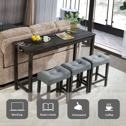 4 Piece Bar Table Set with Power Outlet,Bar Table Set with Chairs,Sofa