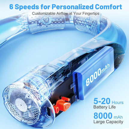 Portable Neck Fan with 6 Powerful Speeds, 8000mAh Battery Operated