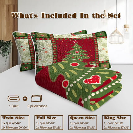 3 Piece Cute Christmas Tree Quilt Set Red Green Snowflakes Pattern