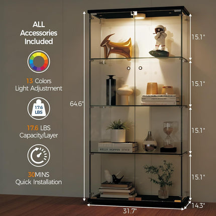 Glass Display Cabinet 4-Tier, Display Cabinet with Glass Doors, Curio