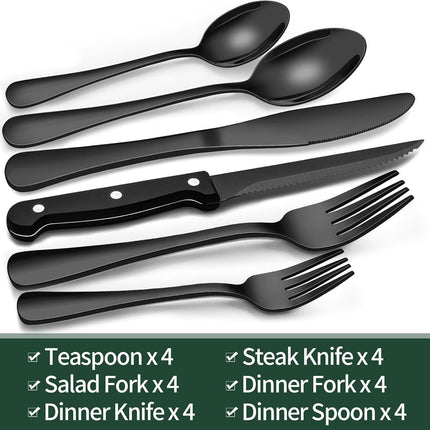 24-Piece Black Silverware Set with Steak Knives, Black Flatware Set