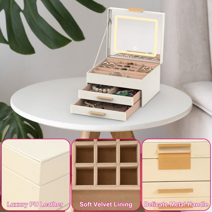 Jewelry Box with LED Mirror 3-Layer Jewelry Organizer with 2 Drawers